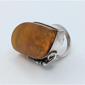 Huge unusual amber mineral inclusions sterling silver ring size 7.75 leaf vine